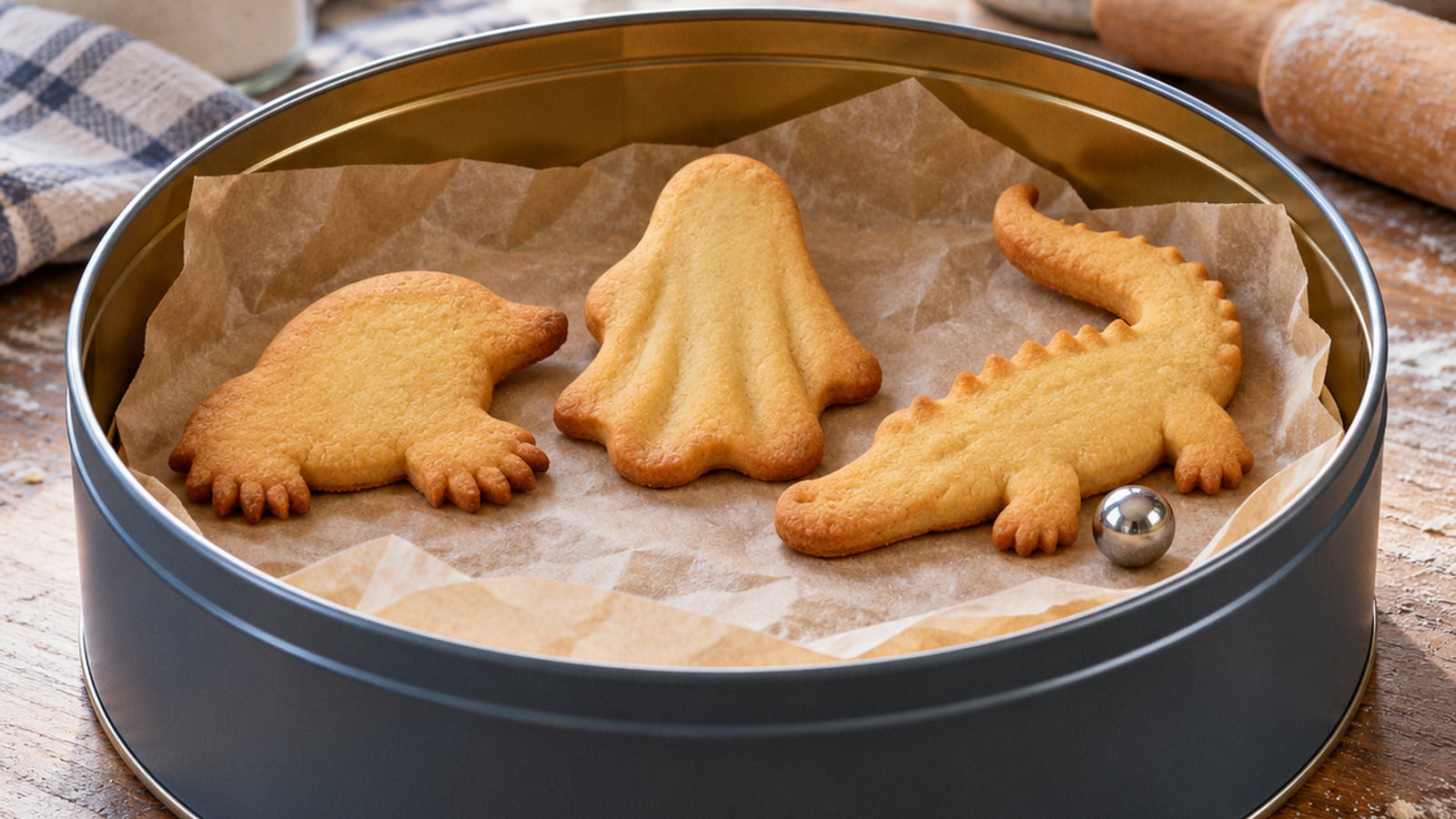 Three animal and ghost biscuits in a plain tin, with a steel marble beside the gator.