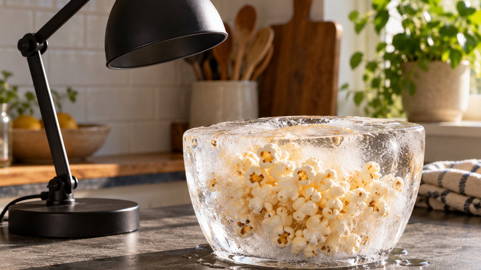 An unlit black lamp and a bowl of popcorn trapped in ice on a sunny kitchen counter.