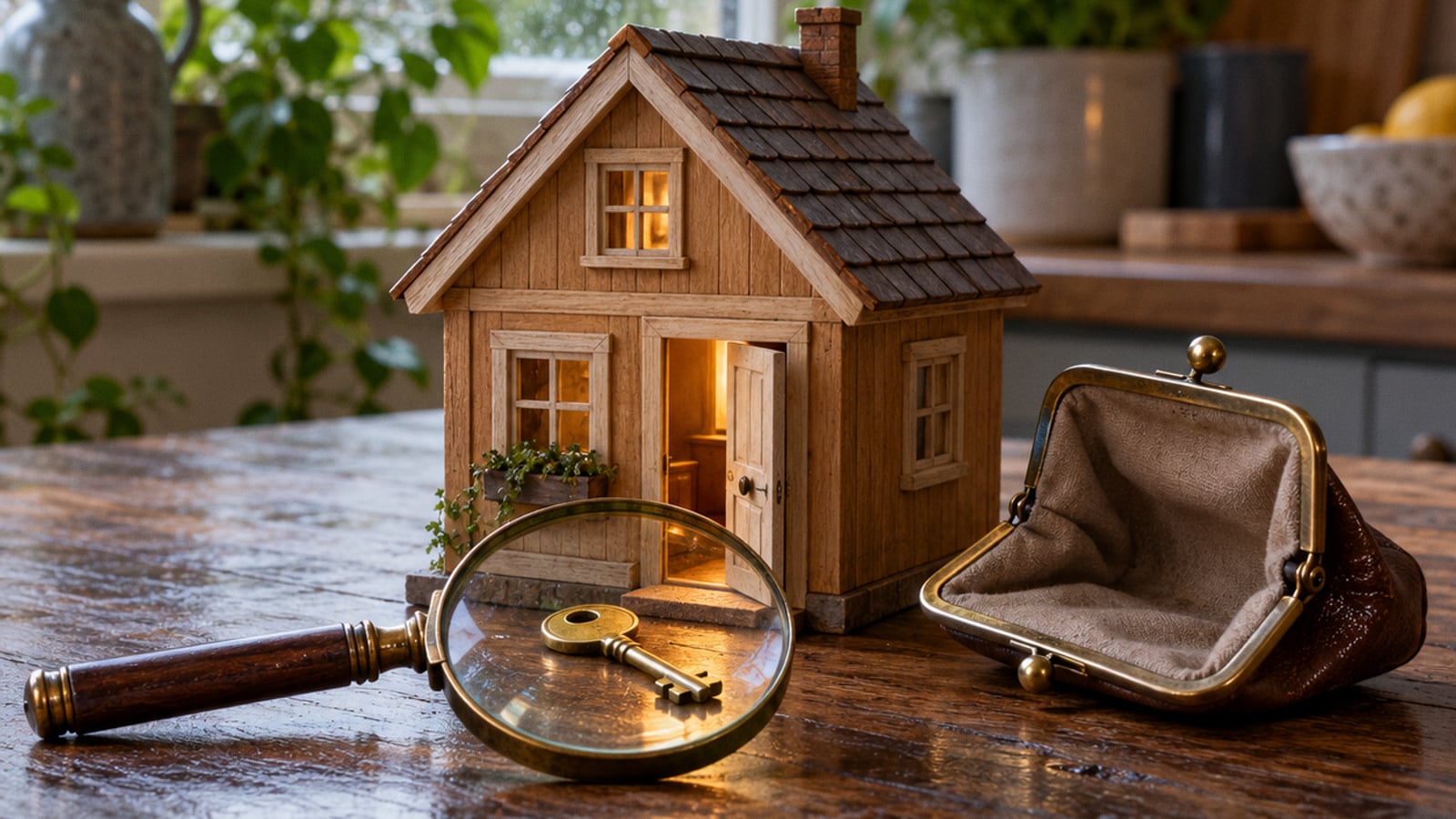 A wooden house, brass key, magnifying glass and empty coin purse on a kitchen counter.