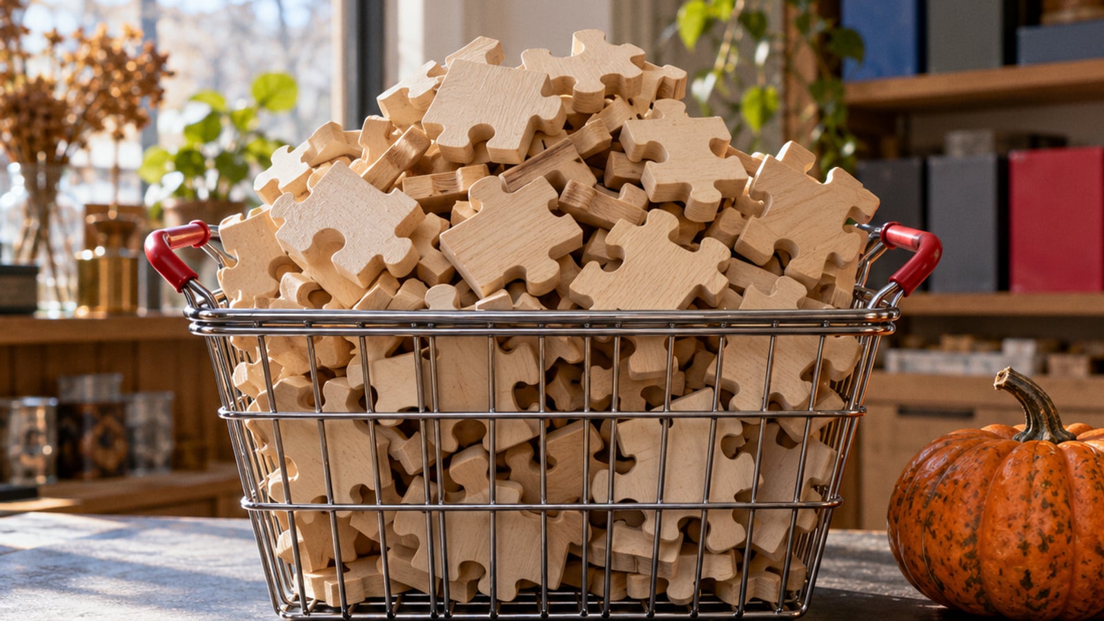 A basket of wooden puzzle pieces beside one coin and a pumpkin on a sunlit shop counter.