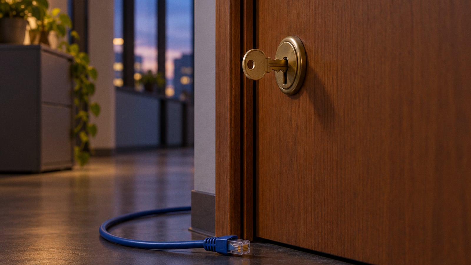 A brass key in a closed office door, with an unplugged Ethernet cable below.