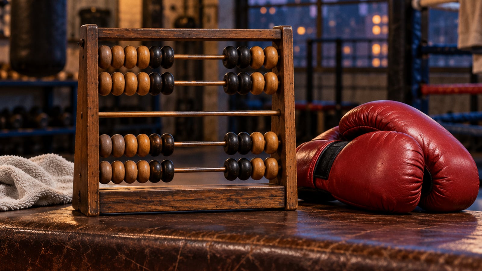 Red boxing gloves beside an abacus with its middle row of beads missing.